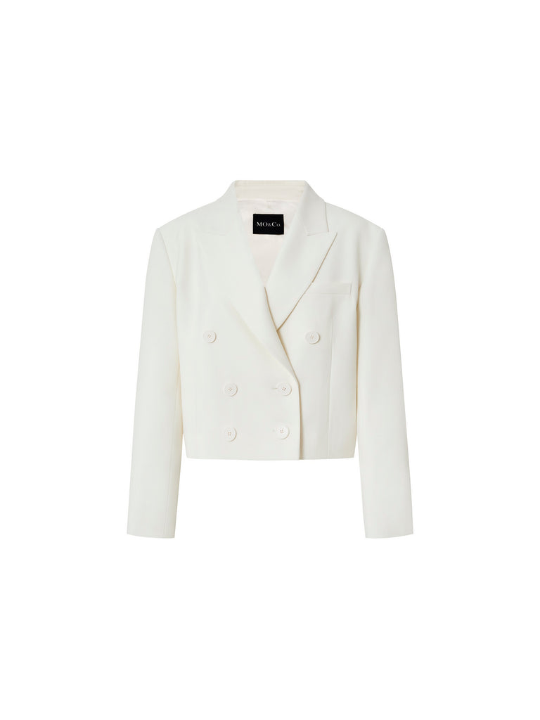 MO&Co. Women's Double Breasted Cropped Blazer Fitted Casual white blazer