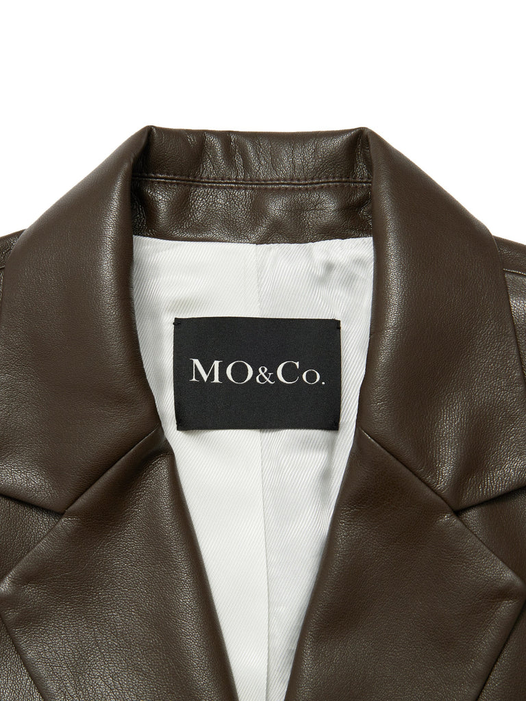 MO&Co. Women's Faux Leather Structured Blazer Loose Casual Lapel Long Blazer Coat Womens