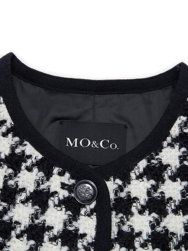 MO&Co. Women's Short Houndstooth Coat Loose Chic Round Neck Ladies Black
