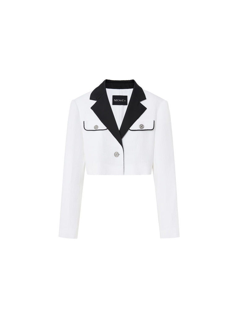 MO&Co. Women's Contrast Textured Crop Blazer Fitted Chic V Neck White Cropped Blazer
