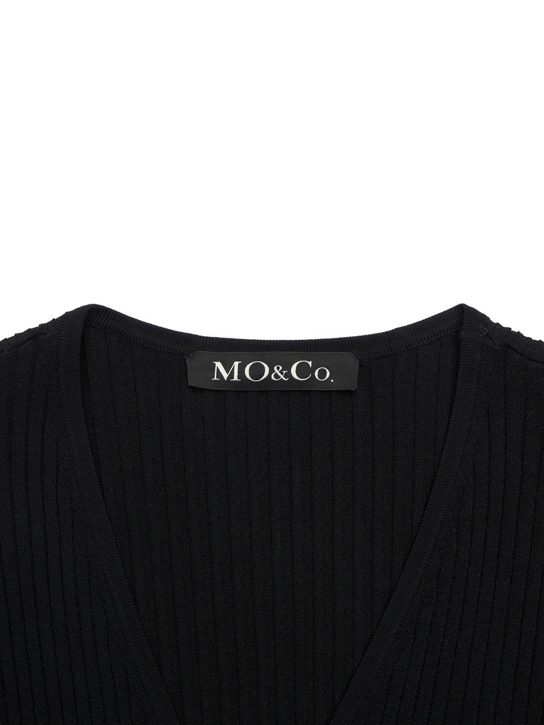MO&Co. Women's Jacquard Zip Knit Cardigan Fitted Casual  V Neck Black Cardigan Sweater