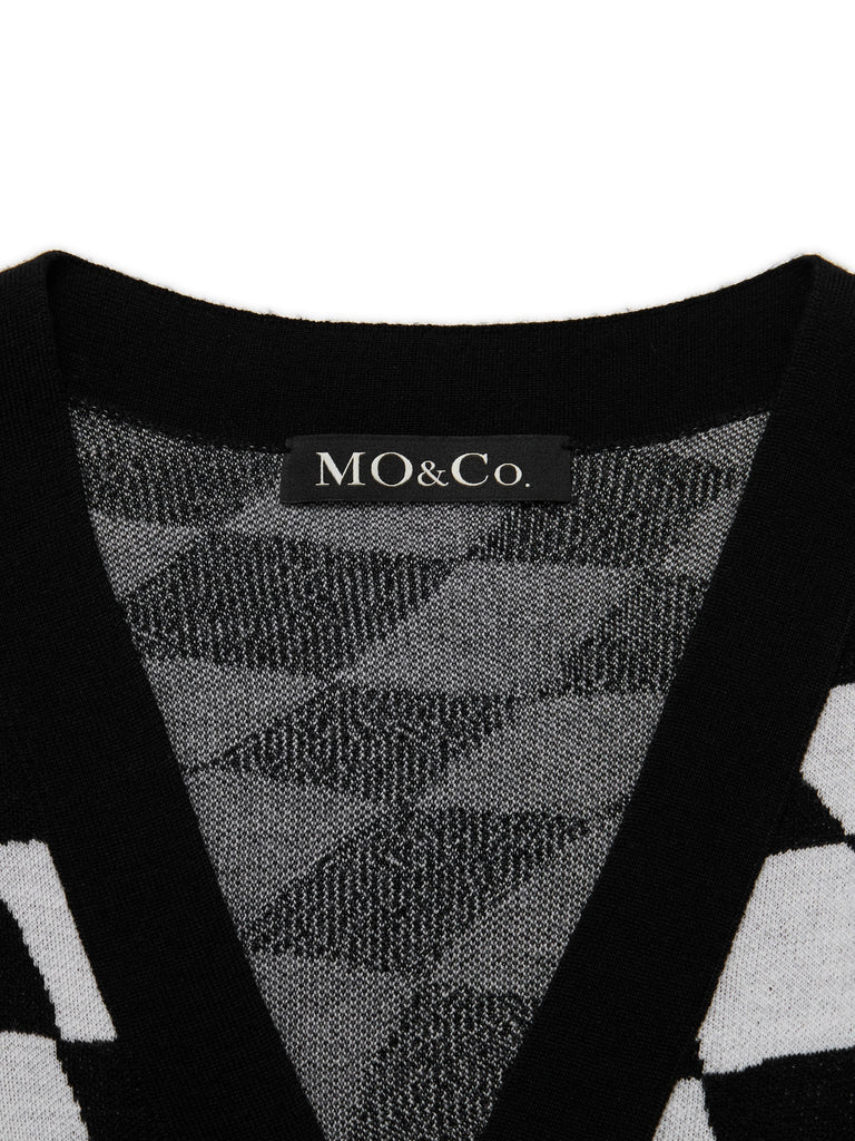 MO&Co. Women's Checkerboard Wool Cardigan Fitted Chic V Neck Black Cardigan Sweater