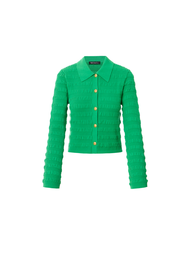 MO&Co. Women's Textured Polo Collar Knit Cardigan Fitted Causal  Green Cardigan Sweater