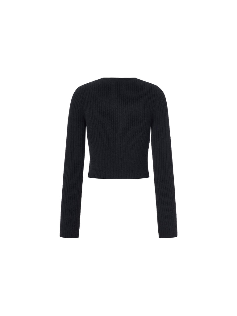 MO&Co. Women's Cropped Slim Fit Cardigan Fitted Casual Round Neck Black Cardigan Sweater