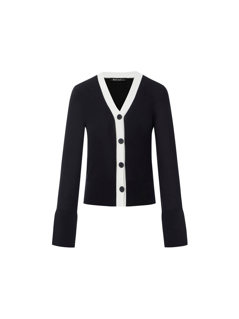 MO&Co.Women's Contrast V Neck Knit Fitted Casual V Neck Black Cardigan Women