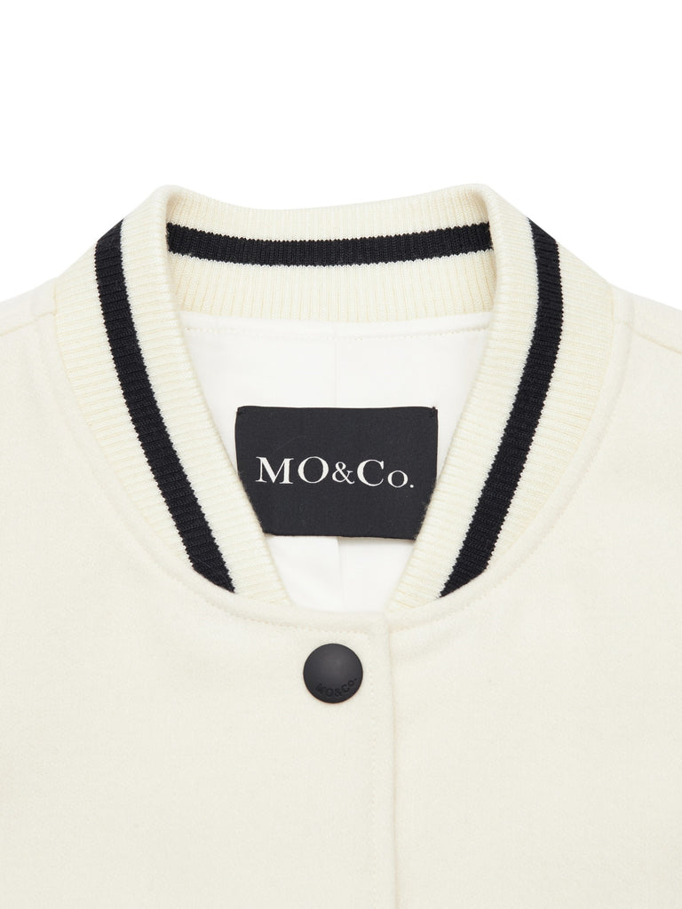 MO&Co.Women's Baseball Wool Blend Jacket Loose Classic White Cardigan Womens