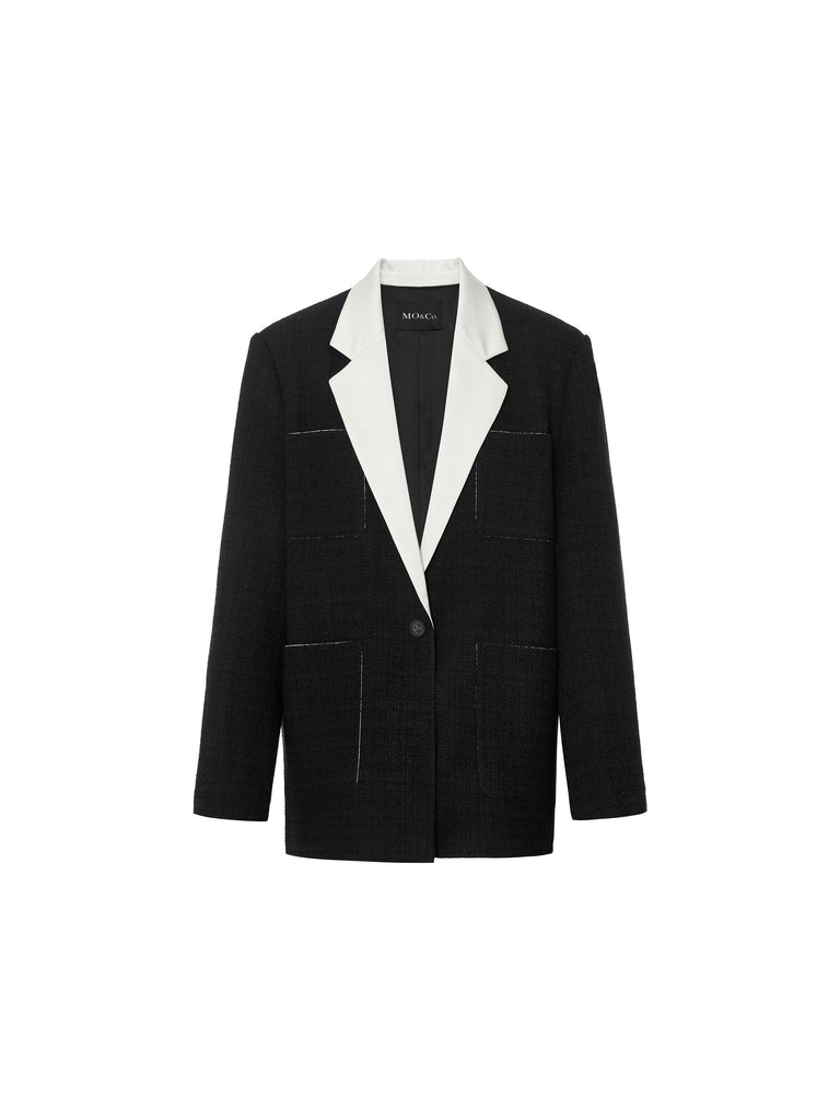 MO&Co. Women's Contrast Lapel Collar Coat Fitted Chic V Neck Ladies Black Coat