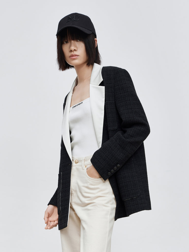 MO&Co. Women's Contrast Lapel Collar Coat Fitted Chic V Neck Ladies Black Coat
