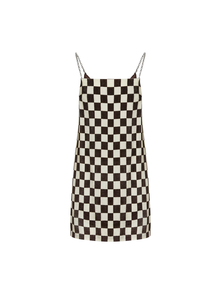 MO&Co. Women's Checkerboard Metal Chain Dress Fitted Chic Black And White Dress