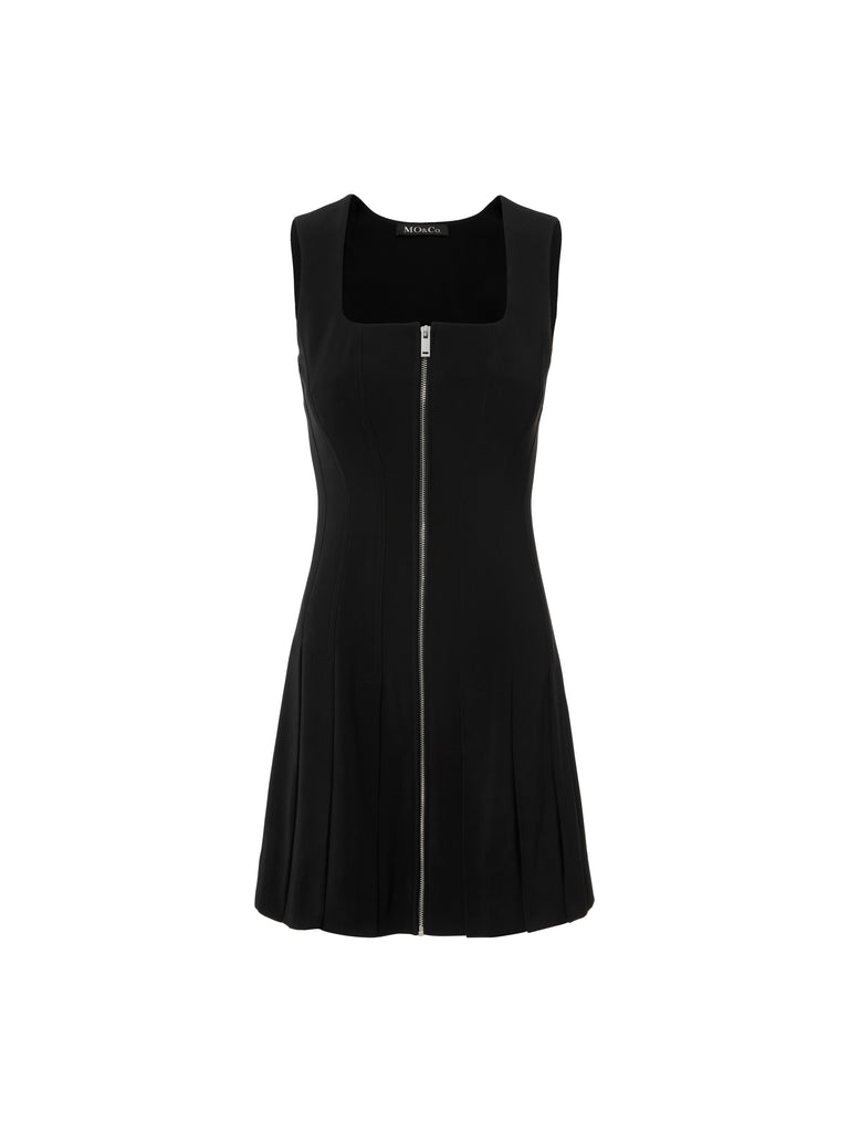 MO&Co. Women Front Zip Pleated Tank Dress Straight Classic Black Chic 