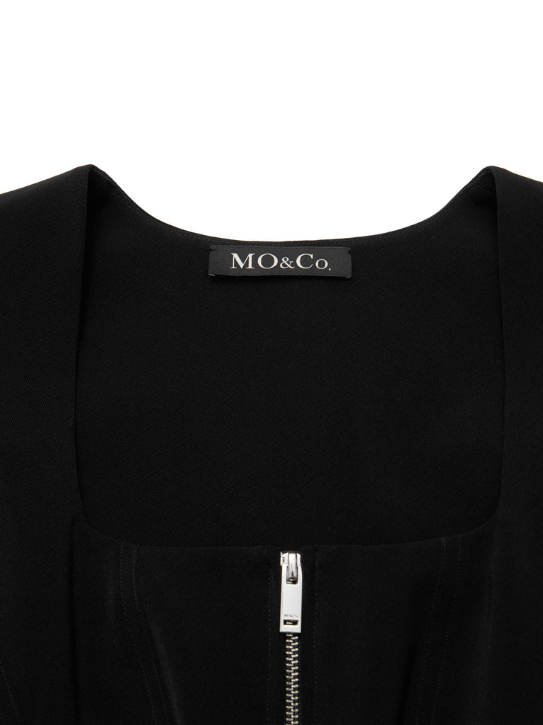 MO&Co. Women Front Zip Pleated Tank Dress Straight Classic Black Chic 