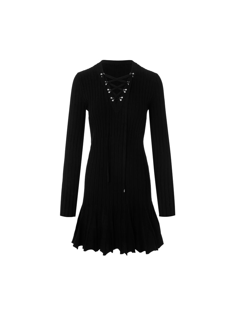 MO&Co.Women's Fitted Lace-up Dress Fitted Cozy Fuzzy V Neck  Black Dress