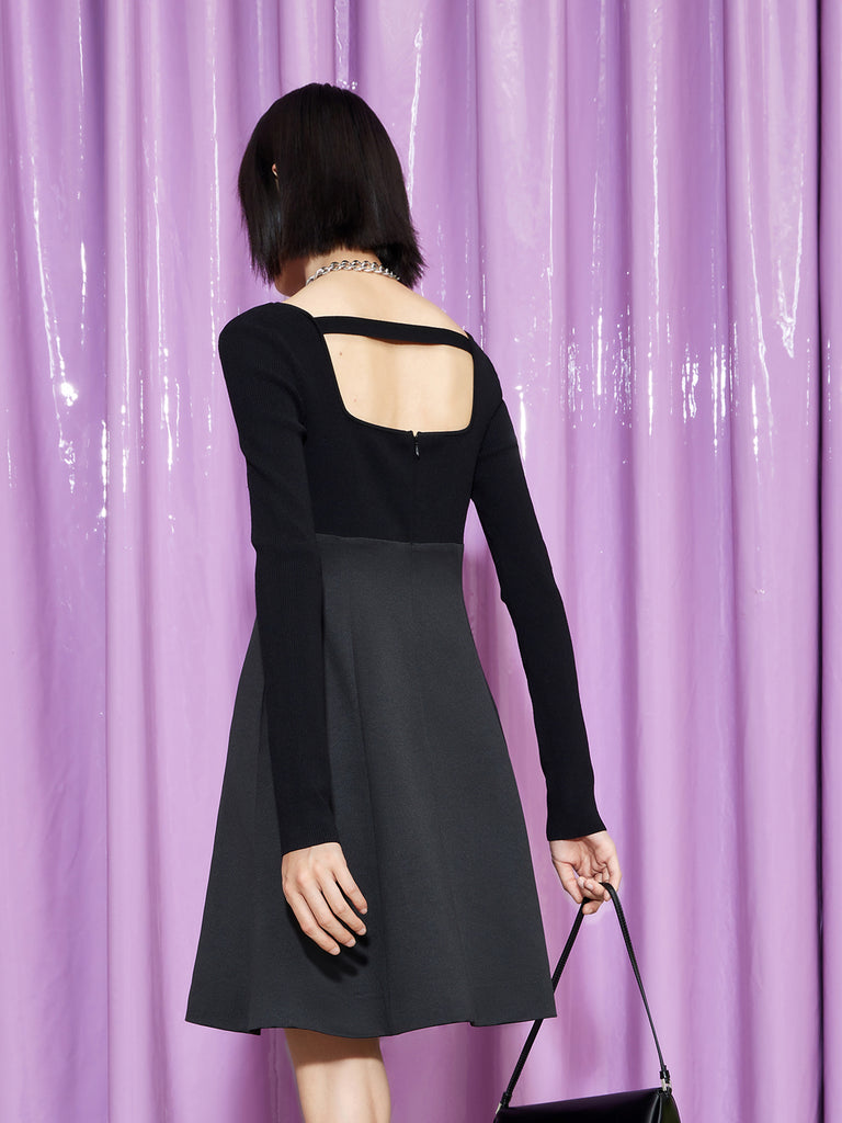 MO&Co. Women's Cutout Paneled Dress Fitted Chic Square Neck Black Midi Dress