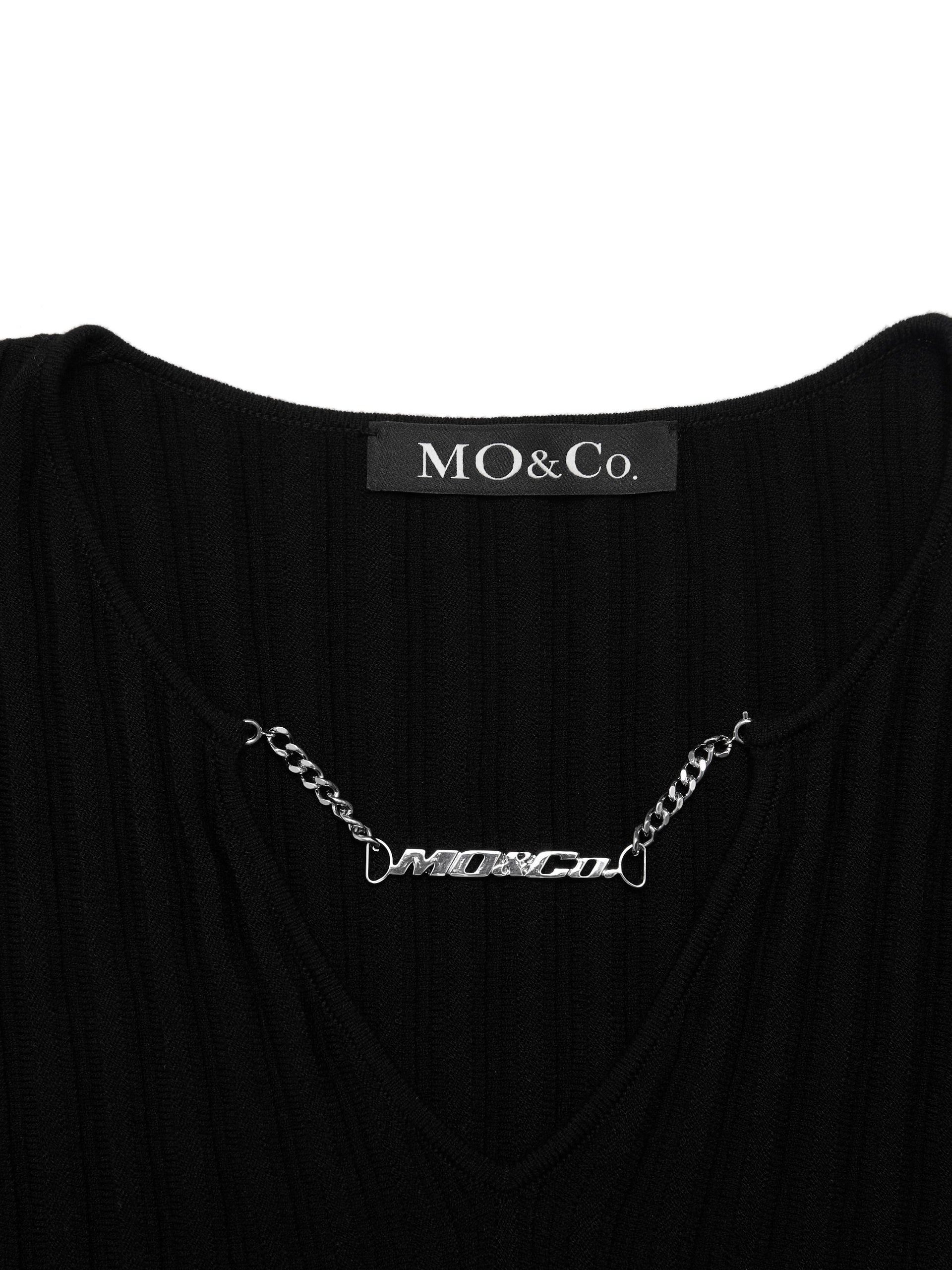 MO&Co. Women's Pleated Hem Knitted Dress Fitted Casual V Neck Black Dress For Women