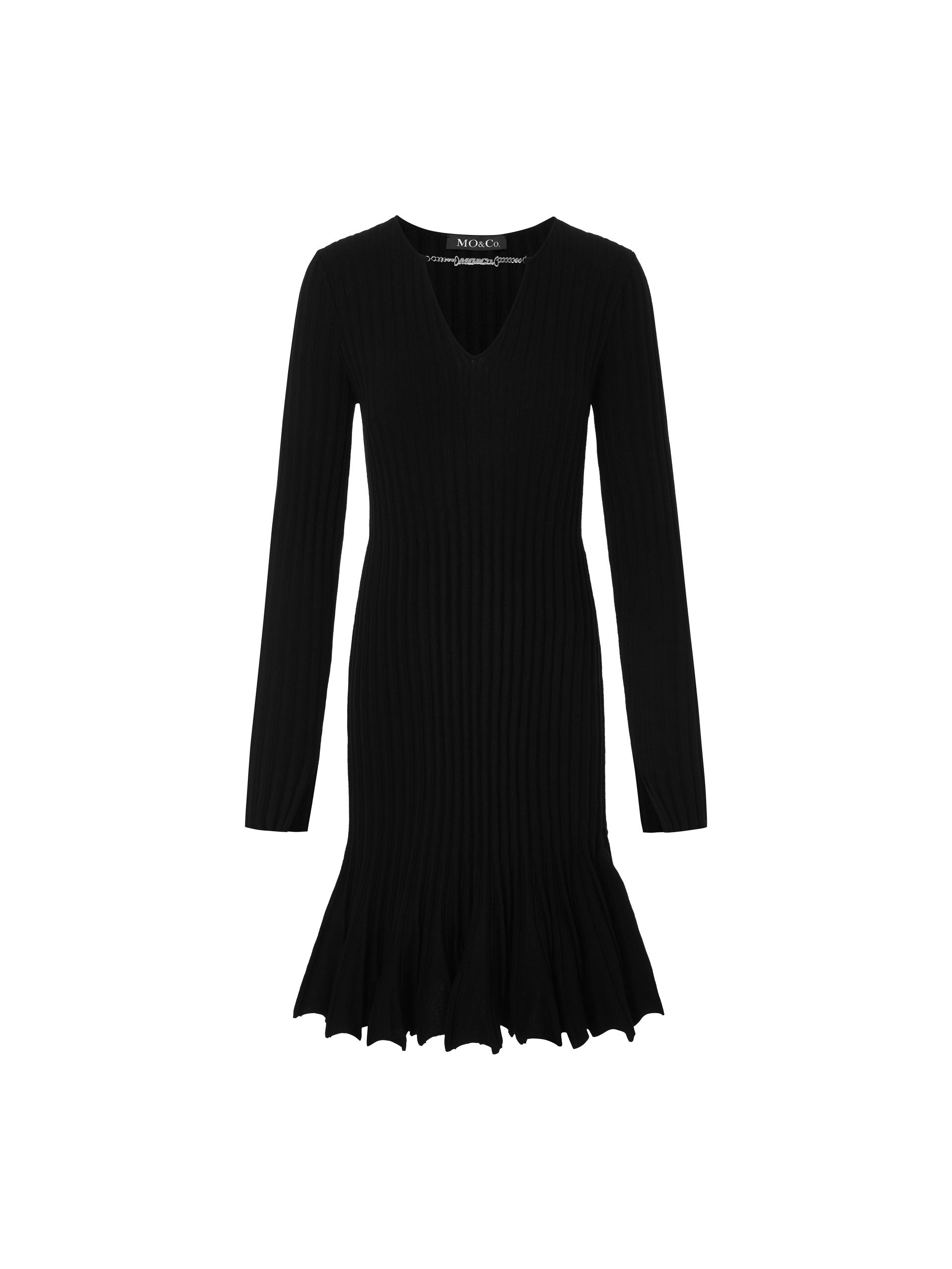 MO&Co. Women's Pleated Hem Knitted Dress Fitted Casual V Neck Black Dress For Women