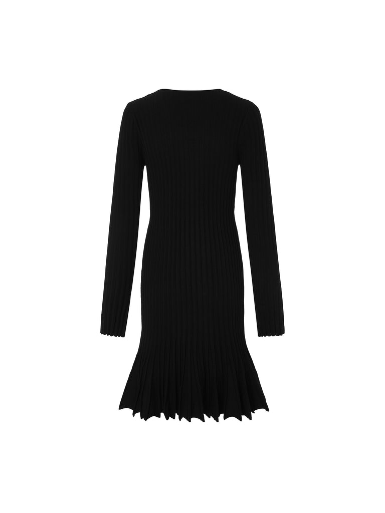 MO&Co. Women's Pleated Hem Knitted Dress Fitted Casual V Neck Black Dress For Women