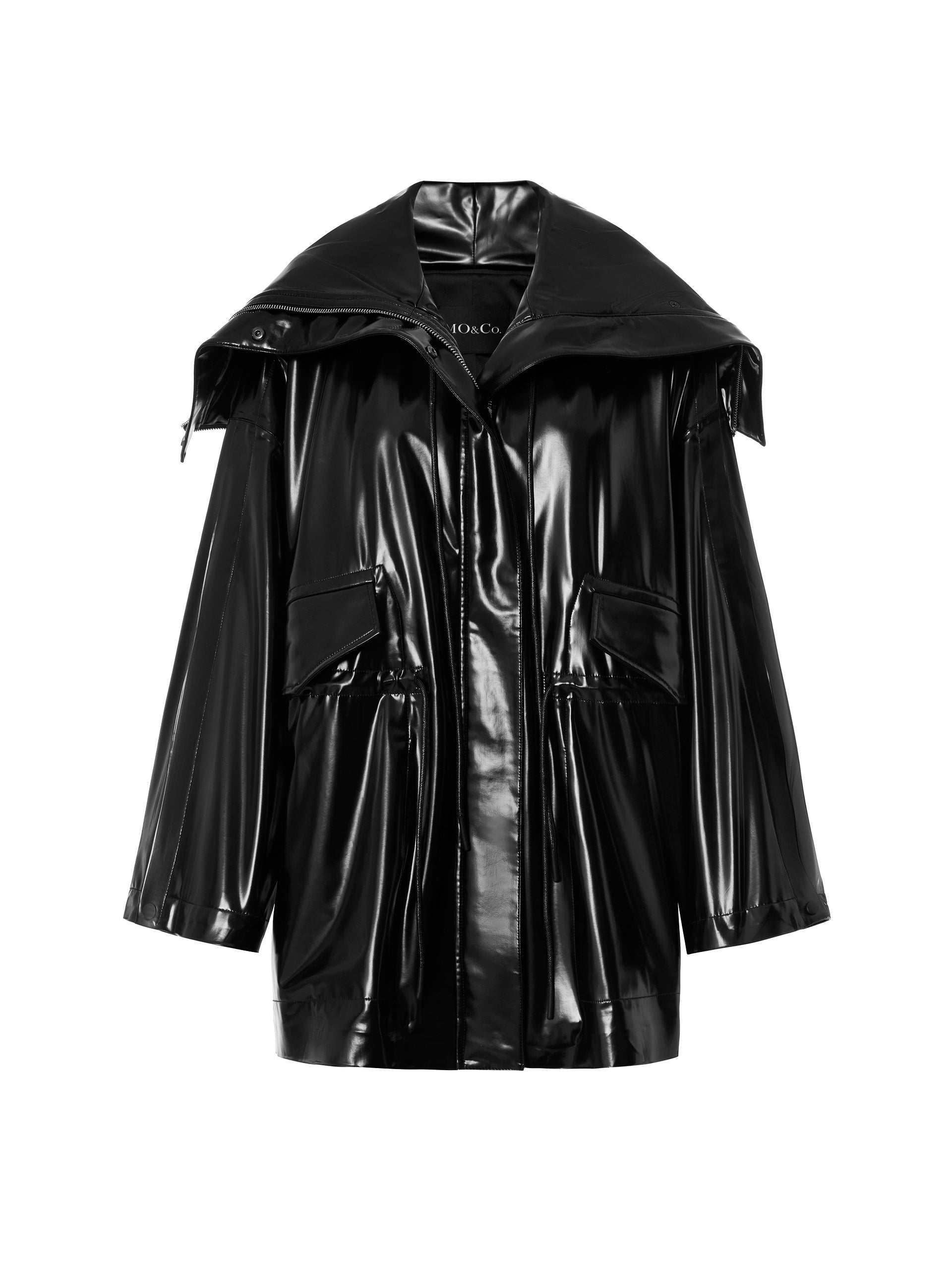 MO&Co.Women's Faux Leather Zip Glossy Jacket Loose  Cool Lapel  Jacket Style