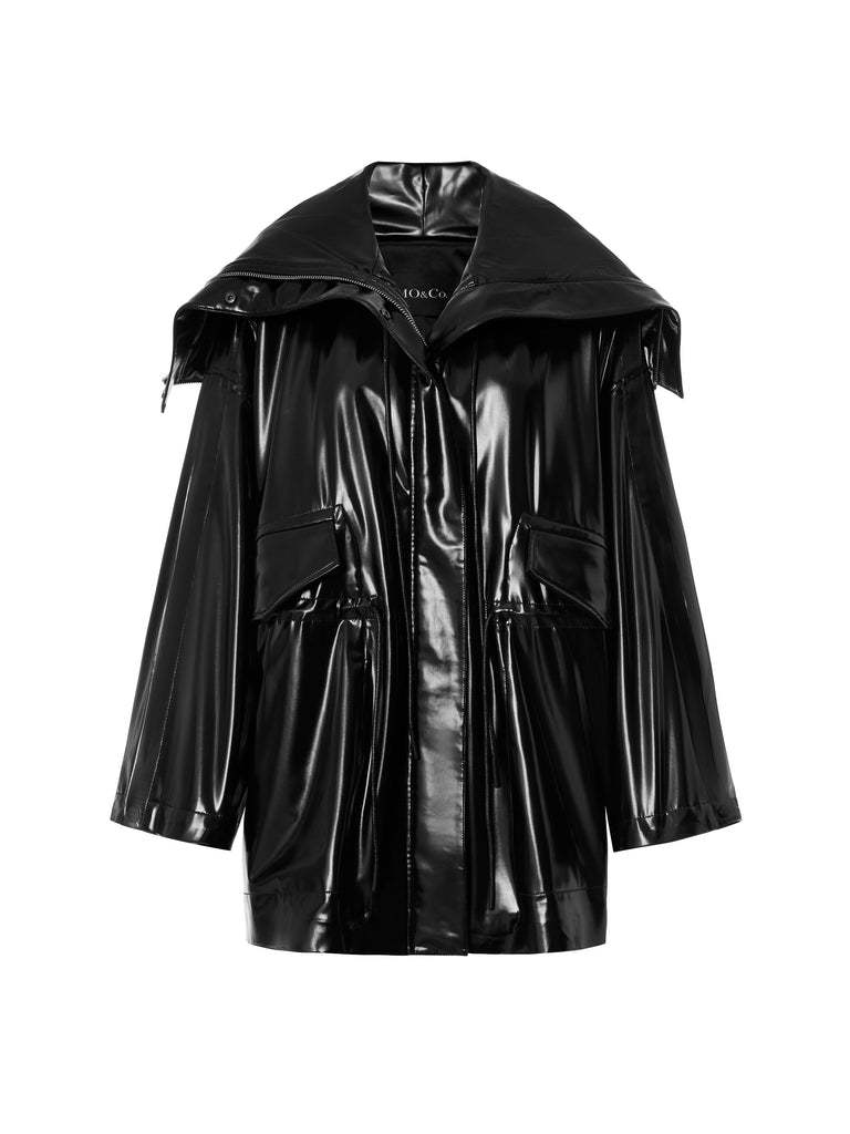 MO&Co.Women's Faux Leather Zip Glossy Jacket Loose  Cool Lapel  Jacket Style