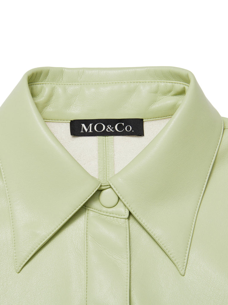 MO&Co. Women's Faux Leather Slim Fit Shirt Fitted Cool Lapel T Shirt Brand