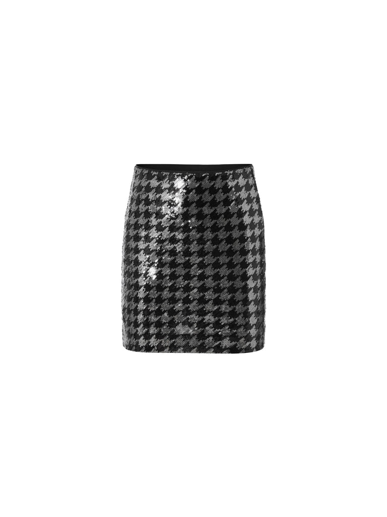 MO&Co.Women's Houndstooth Pattern Skirt Fitted Cool Black Leather Skirt