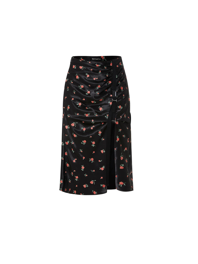 MO&Co. Women's Rose Print Slit Skirt Fitted Chic Floral Midi Skirt