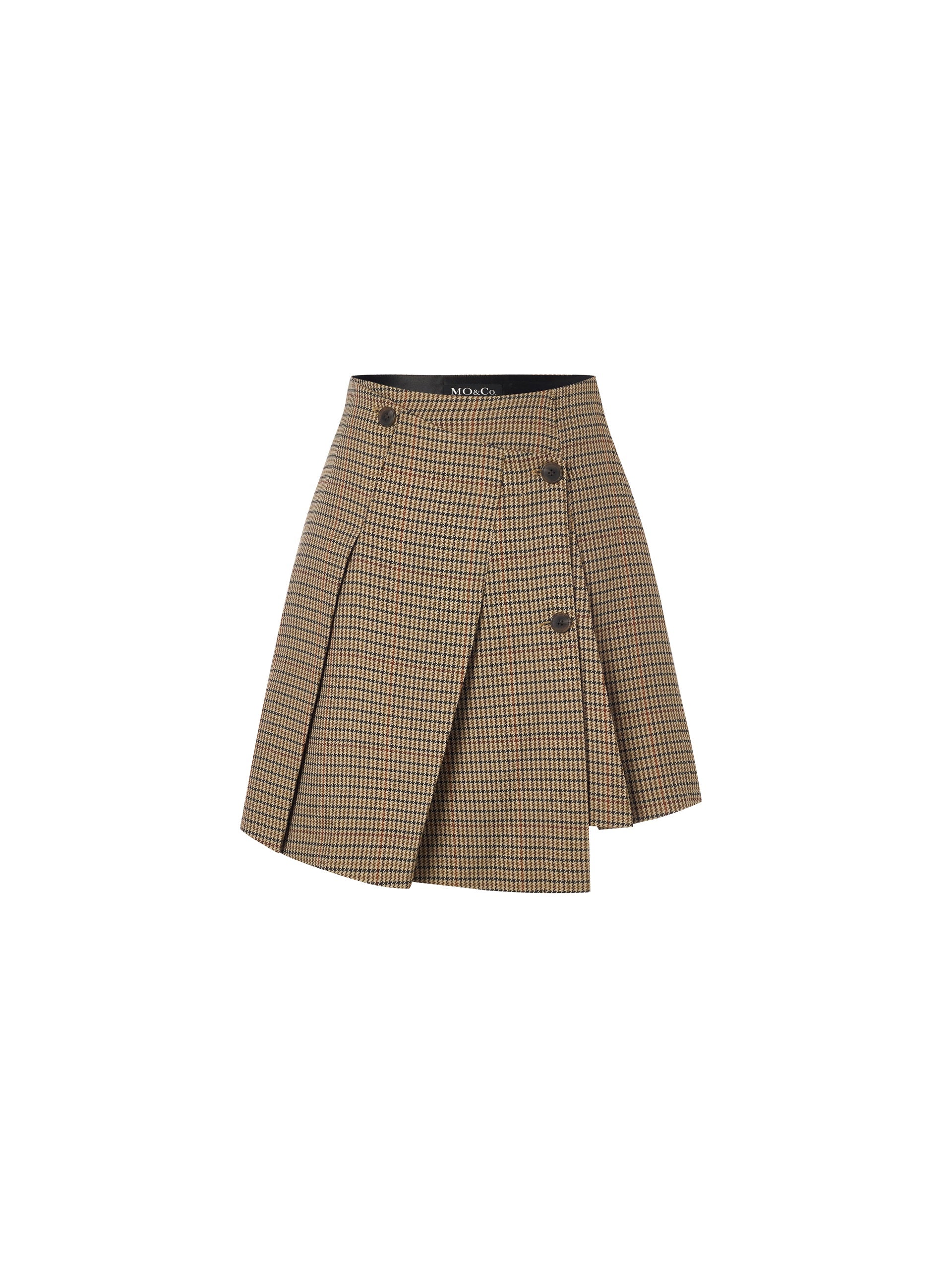 MO&Co. Women's Asymmetric Vintage Check Skirt Fitted Chic Khaki Pleated Skirt