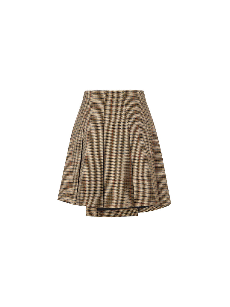 MO&Co. Women's Asymmetric Vintage Check Skirt Fitted Chic Khaki Pleated Skirt
