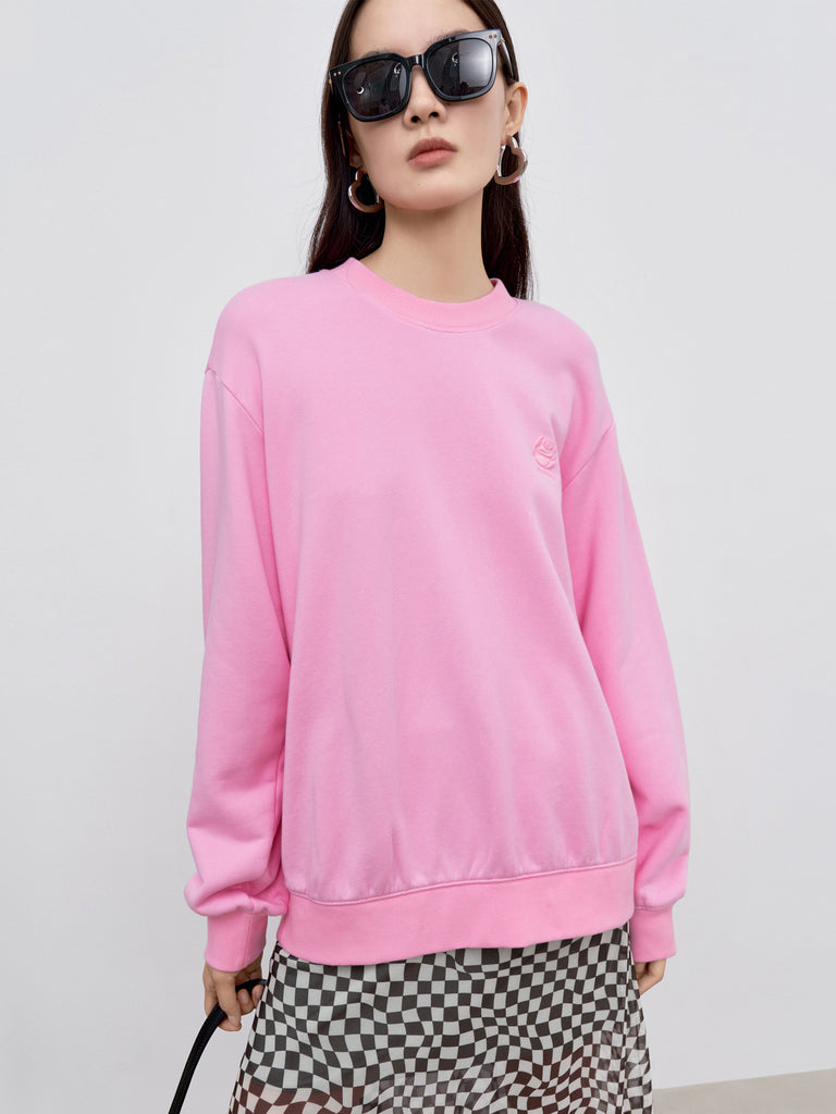 MO&Co.Women's Cut Back Slit Cotton Sweatshirt Loose  Casual Round Neck Sweater Shirt