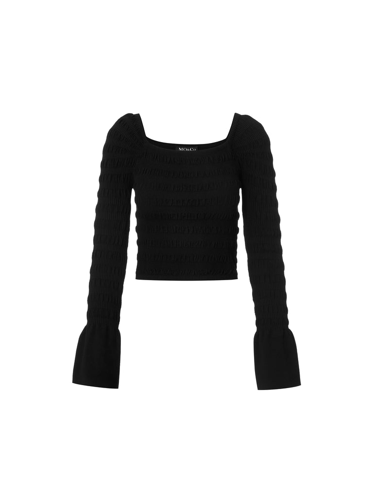 MO&Co. Women's Textured Cropp Knit Top Fitted Casual  Round Neck Black Tops For Women