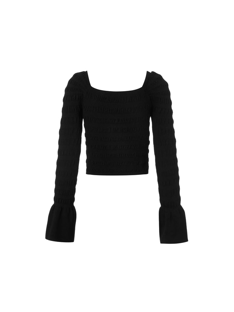 MO&Co. Women's Textured Cropp Knit Top Fitted Casual  Round Neck Black Tops For Women