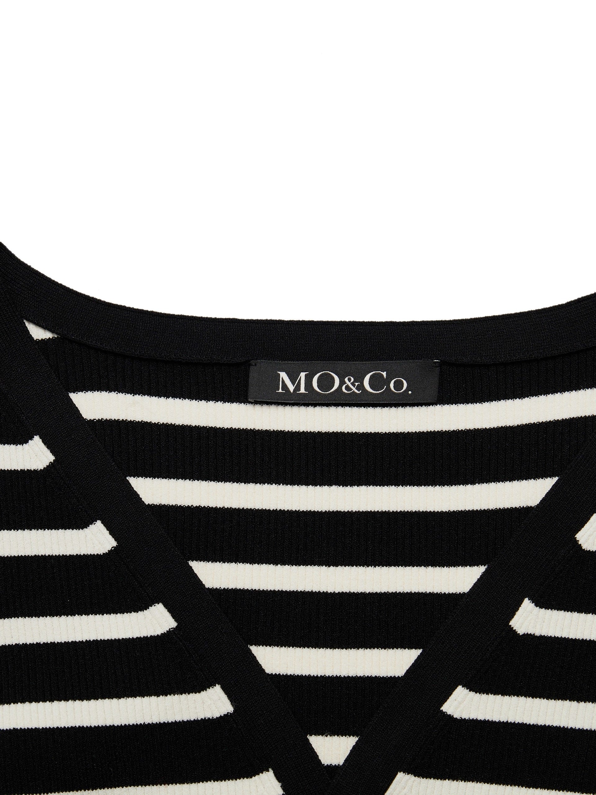 MO&Co. Women's Striped Slim Fit Knit Top Fitted Casual  V Neck Black And White