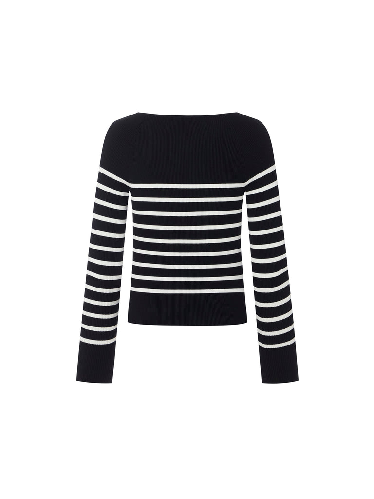 MO&Co.Women's Sweetheart Neck Striped Knit Top Fitted Casual Black Round Neck