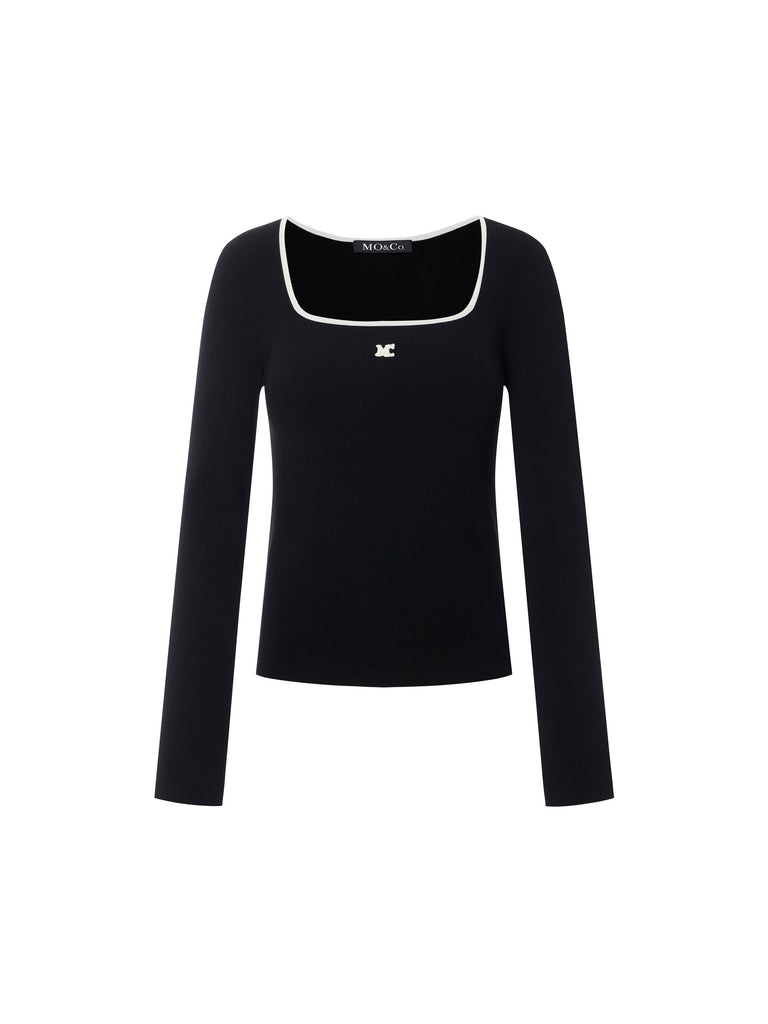 MO&Co.Women's Contrast Square Neck MC Logo Knit Top Fitted Casual Black
