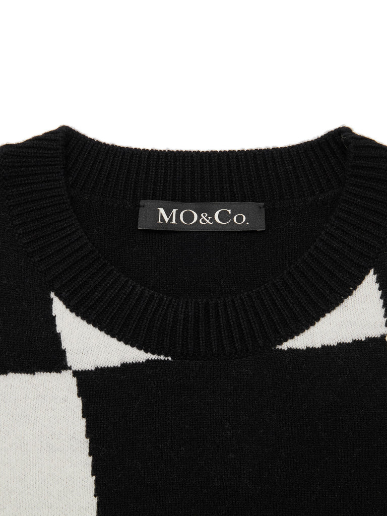 MO&Co. Women's Wool Checked Knit Pullover Loose Chic Round Neck Black Heart
