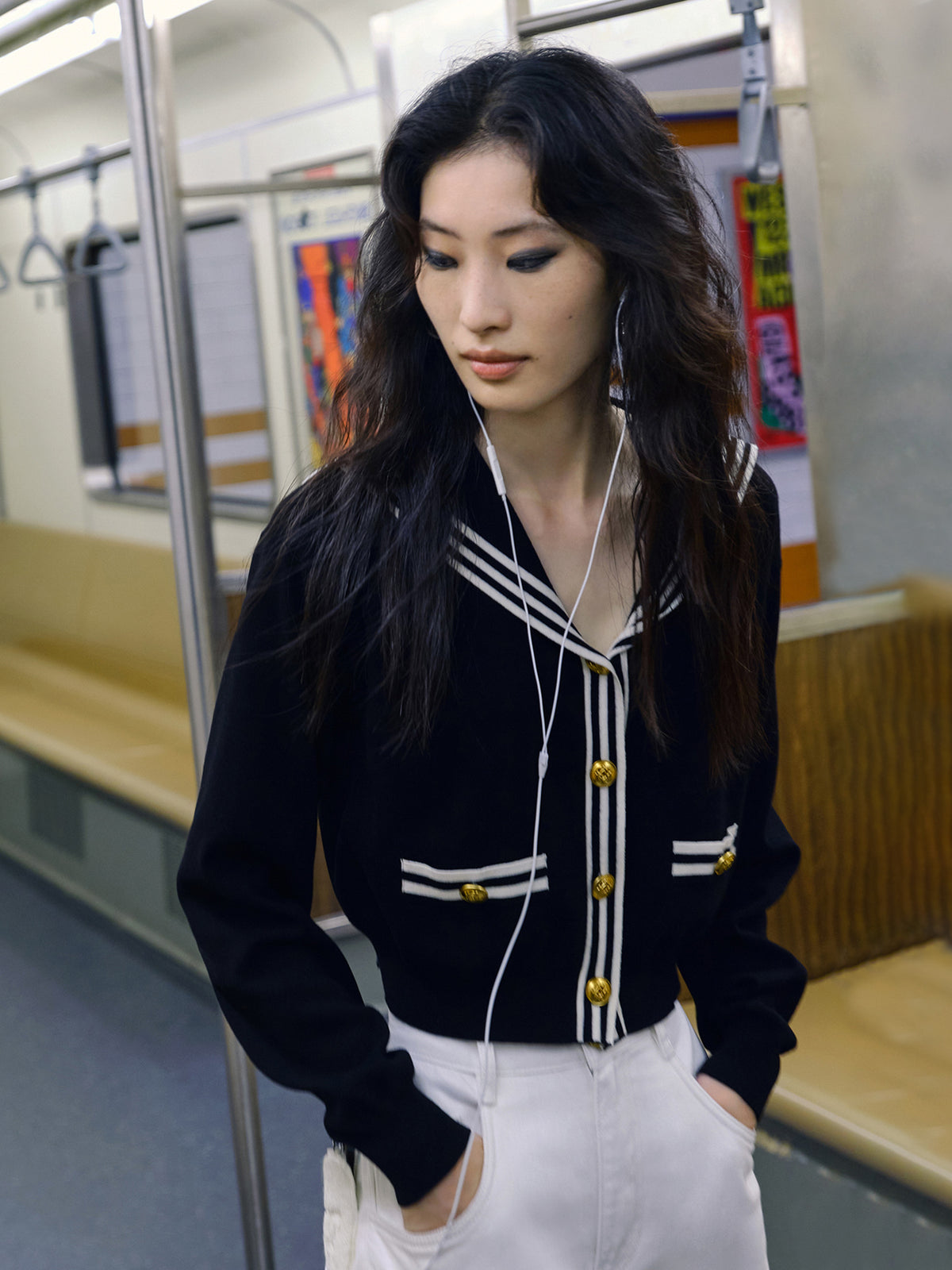 Metal Button Denim Collar Cable-Knit Top