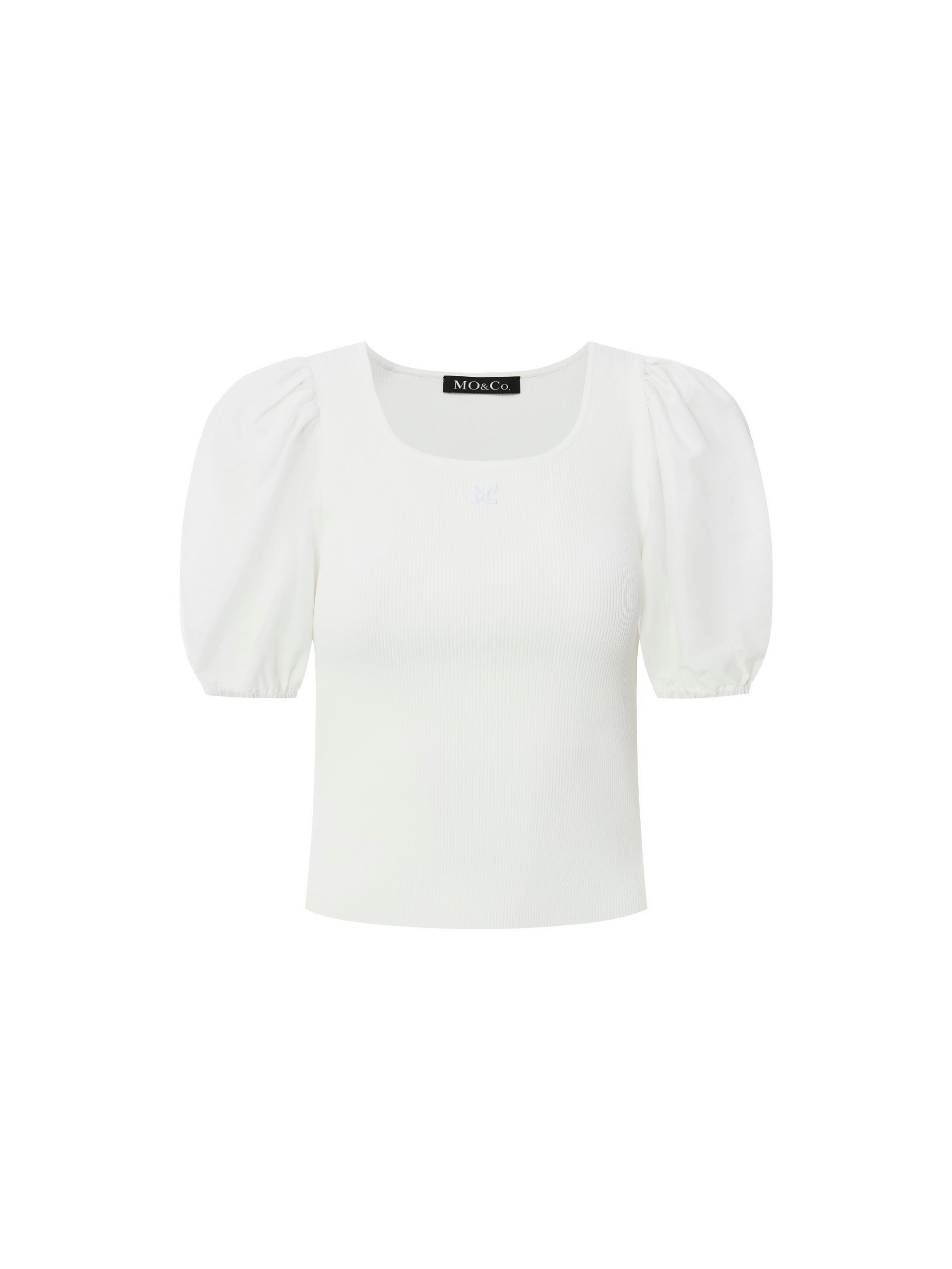 MO&Co.Women's Puff Sleeve Panel Knit Top Fitted Casual Round Neck Black And White