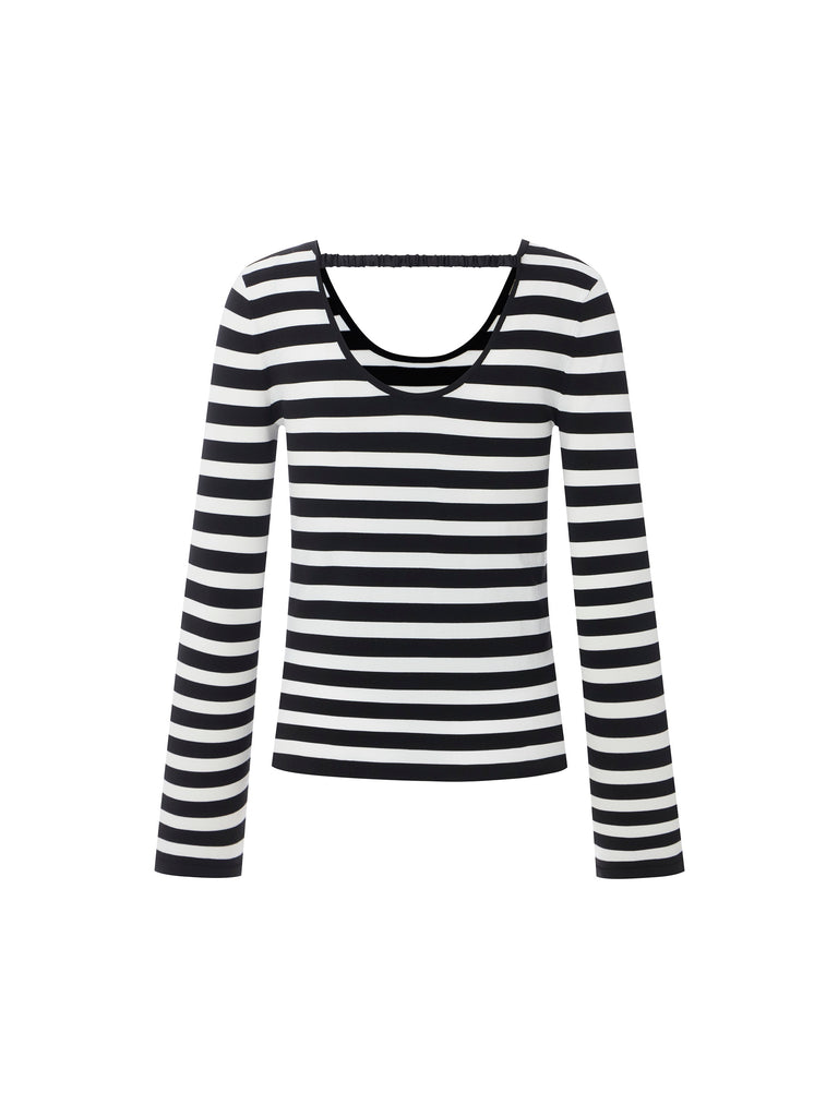 MO&Co. Women's Crewneck Striped Knit Top Fitted Casual Round Neck Black Sweater