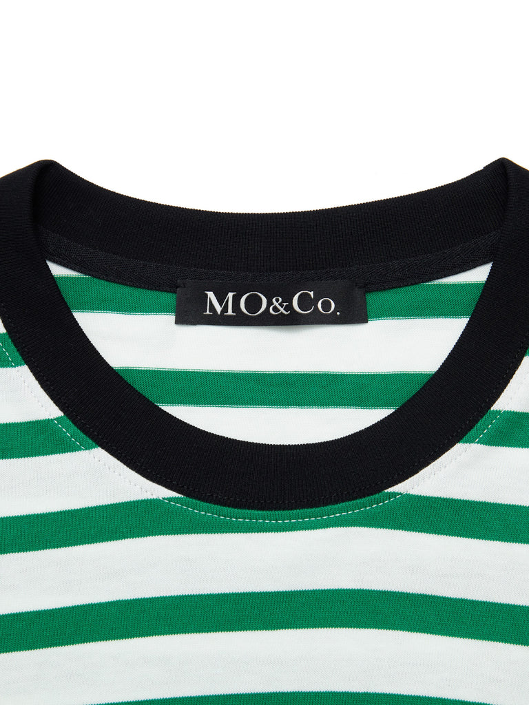 MO&Co. Women's Contrast Striped Long Sleeve T-Shirt Loose Causal Round Neck Oversized T Shirt
