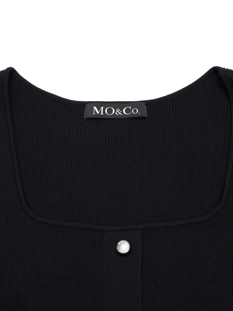 MO&Co. Women's Puff Sleeve Panel Top Fitted Casual Square Neck Black Tops For Women