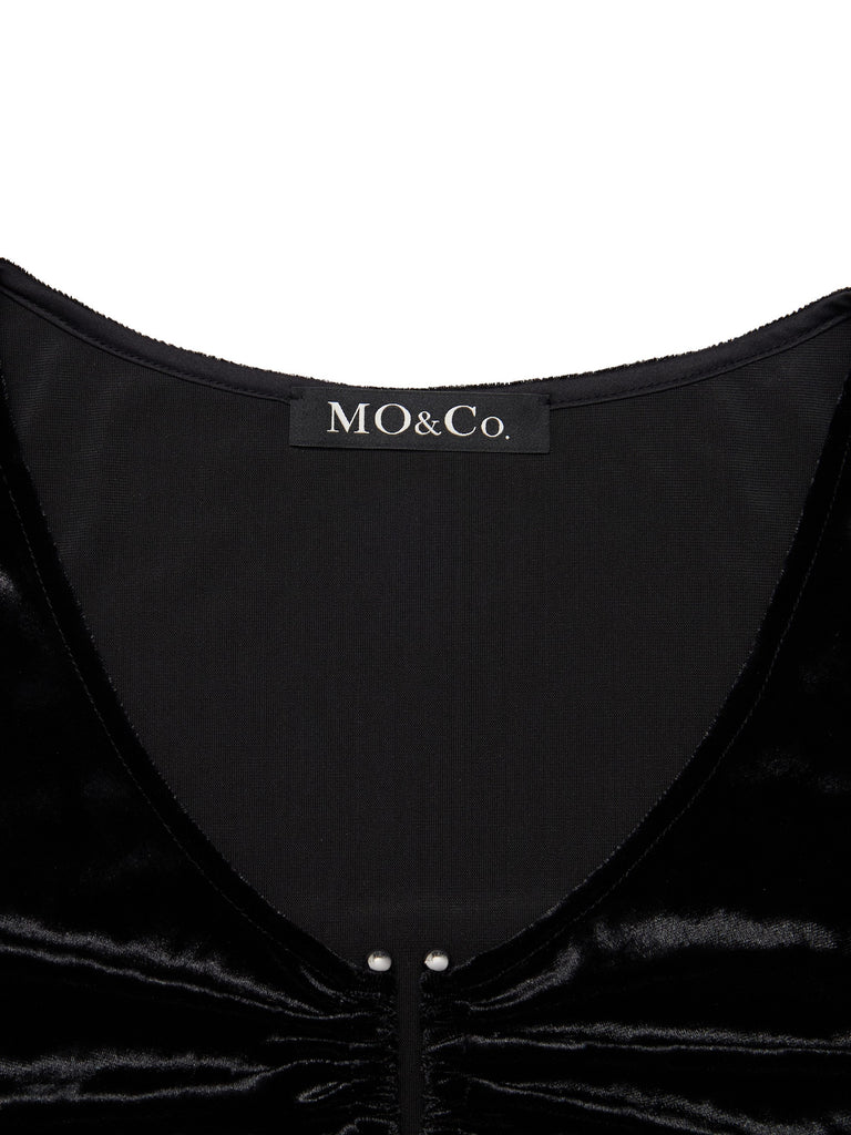 MO&Co. Women's Glossy V-Neck Top Fitted Cozy Fuzzy Black Tops For Women