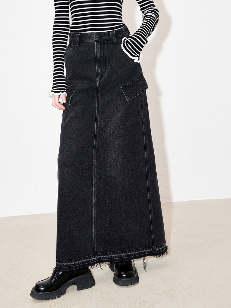 Denim Frayed Maxi Skirt with Back Slit