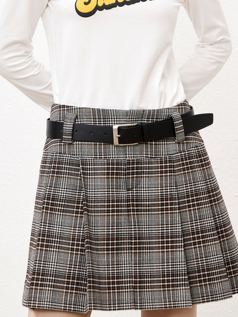 Wool Blend Pleated Mini Skirt with Belt