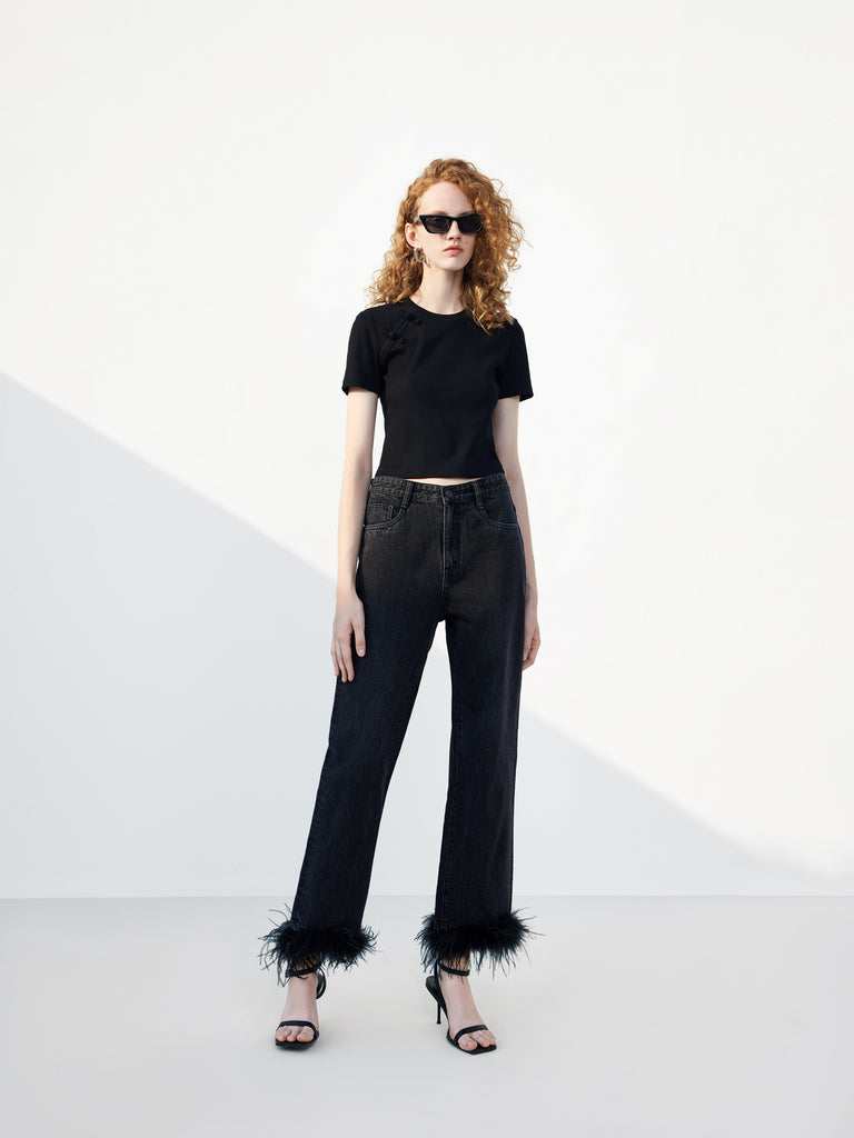 Feather Trimmed Party Wear Day to Night Straight Cotton Black Jeans