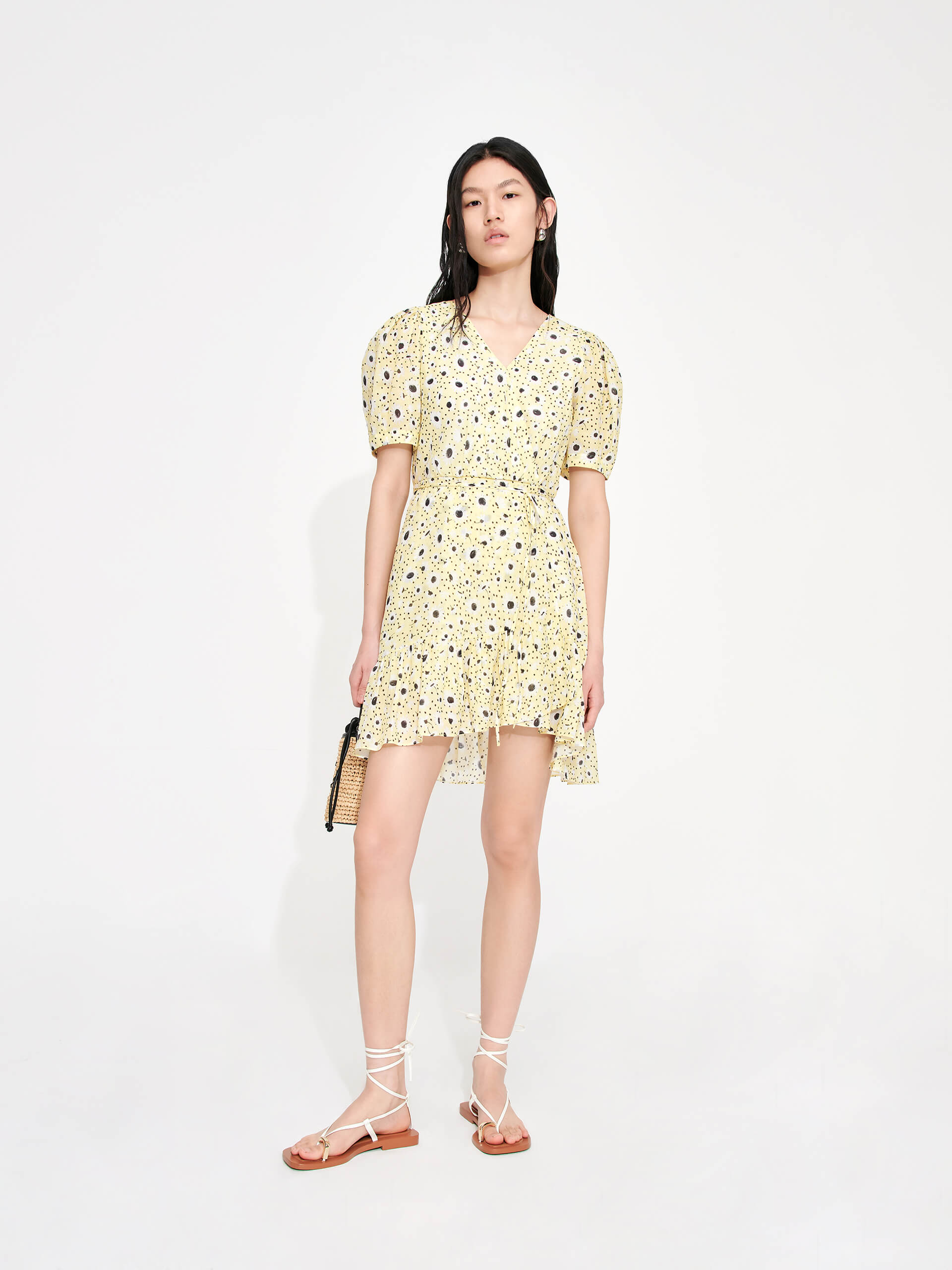 MO&Co. Women's Floral Print Wrap Summer Tea time Party Dress in Yellow