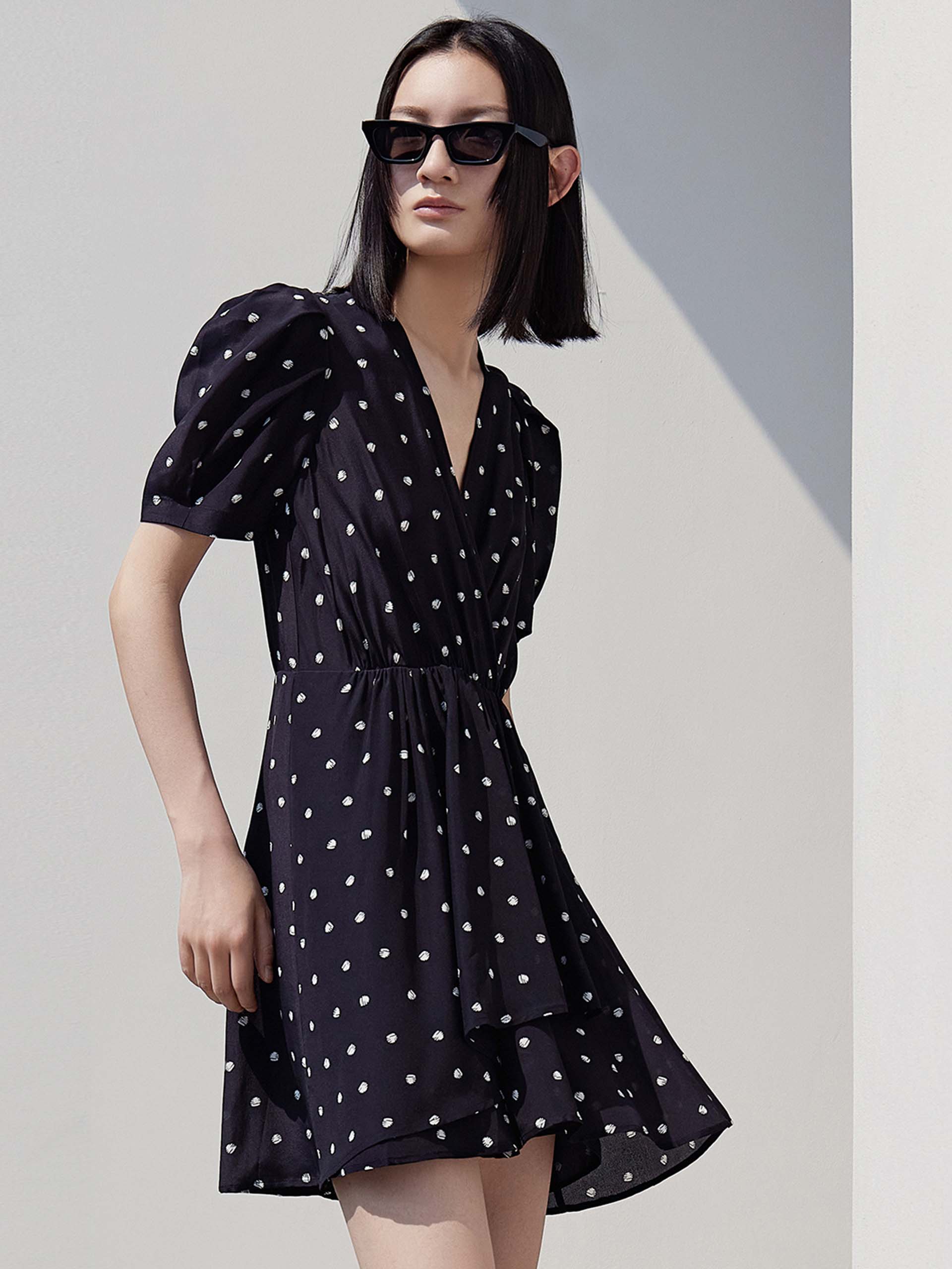 MO&Co. Women's Silk Polka Dot Dress Loose Casual V Neck Black Dress For Woman