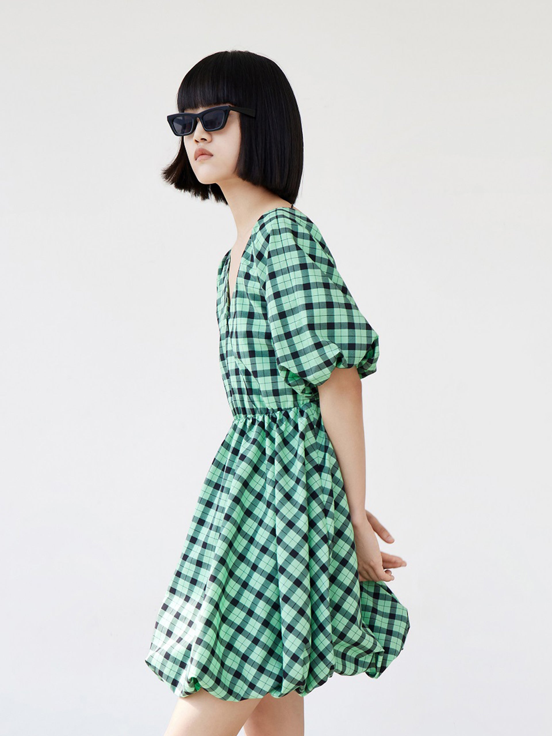 Puff Sleeved V-Neck Checkered Dress MO&Co.