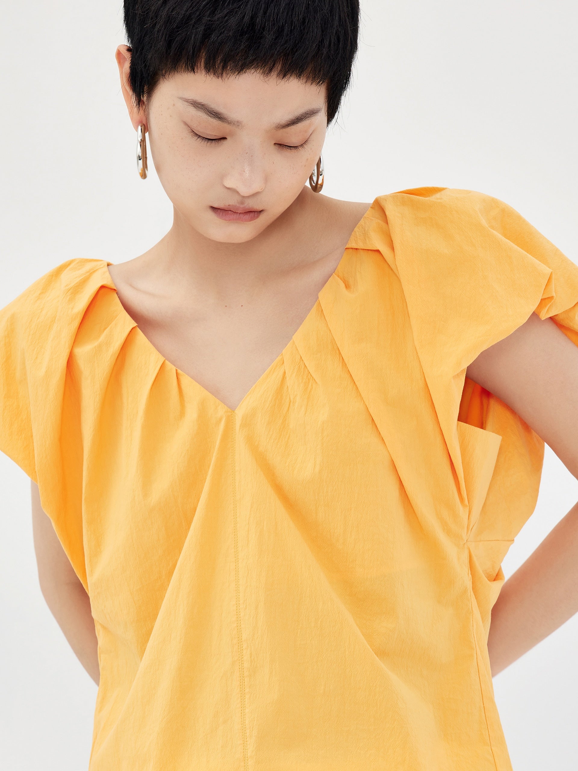 Pleated V-Neck Top with Cut-out MBB2TOPT24