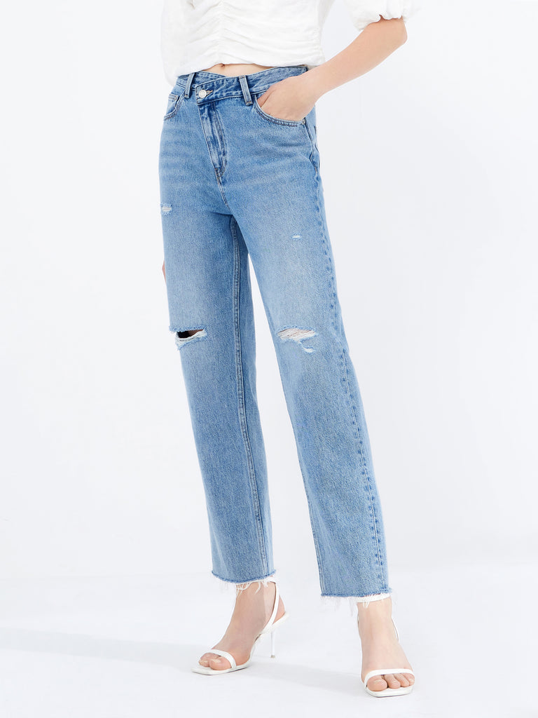 MO&Co. Women's Ripped Cut-out Jeans in Cotton Loose Cowboys Blue Torn
