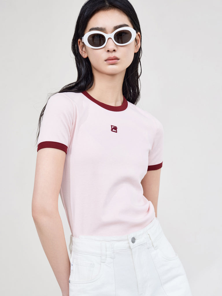MO&Co. Women's Contrast LOGO Cotton T-shirt Fitted Casual Round Neck 