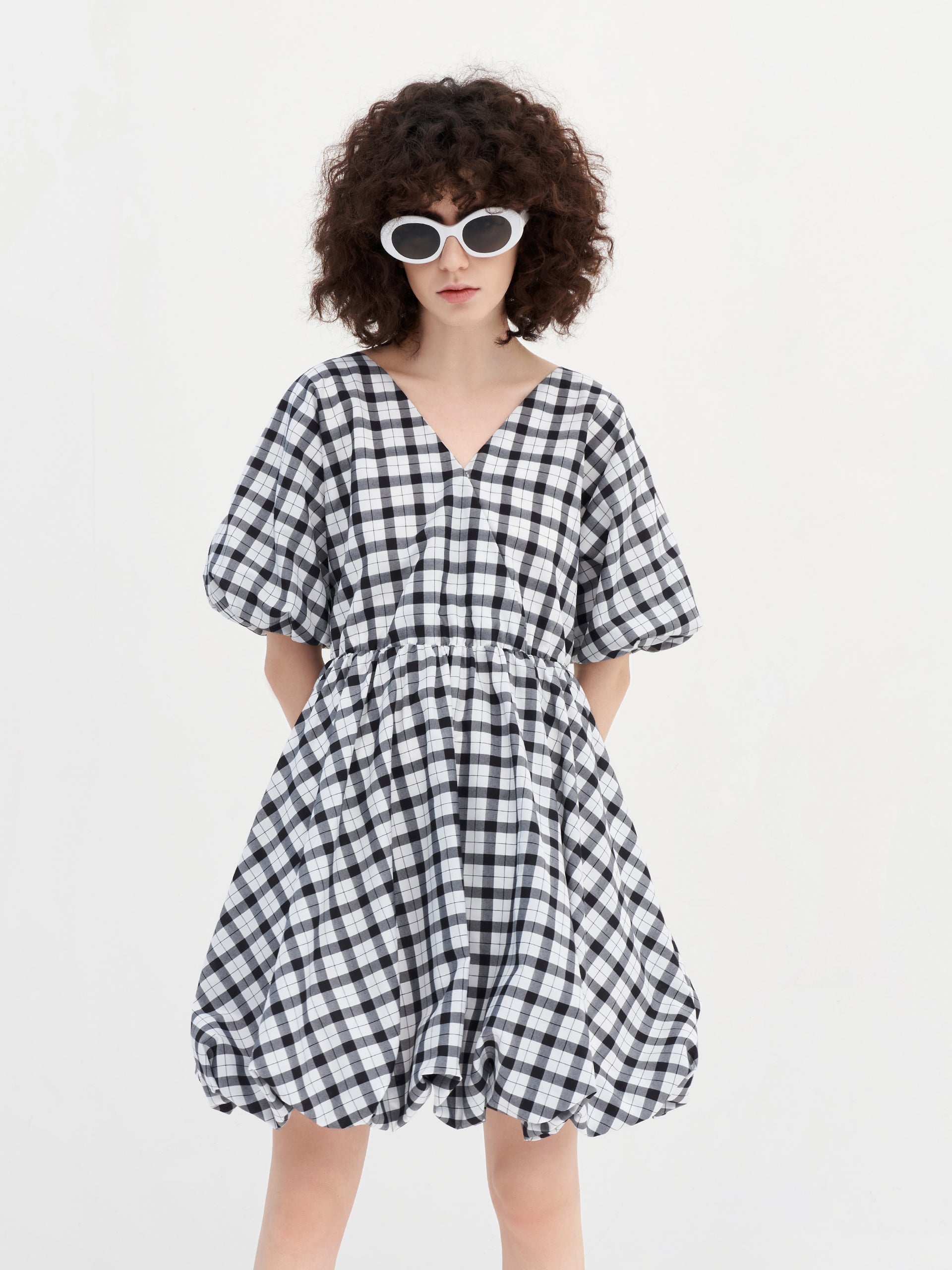 Puff Sleeved V-Neck Checkered Dress MO&Co.